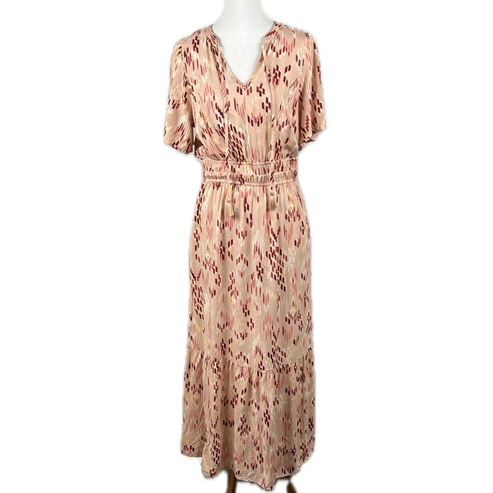 Knox Rose Tiered Peach Dress Sz S Southwest Aztec Boho Cottage Flutter Sleeve